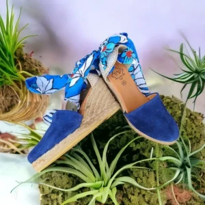 Calzaro Alpargatas | Alpargata Valenciana Cuña Alta Yute Piel 23450 Azul.