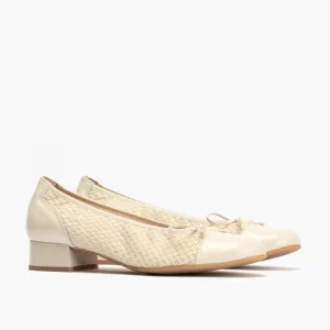 Calzaro Bailarinas | Bailarinas de Mujer en Piel 5712 con Textil con Ribete Elástico y Adorno Lazo Tacón Bajo Crema Beige