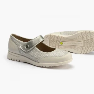 Calzaro Mocasines | Merceditas de Mujer 2824 en Textil combinada con Velcro y Suela de Goma Crema