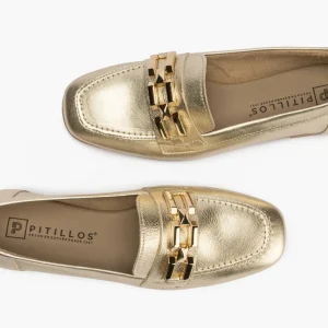 Calzaro Mocasines | Mocasines de Mujer 5641 en Piel Laminada con Adorno y Tacón Bajo Dorado