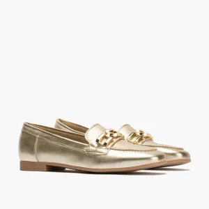 Calzaro Mocasines | Mocasines de Mujer 5641 en Piel Laminada con Adorno y Tacón Bajo Dorado