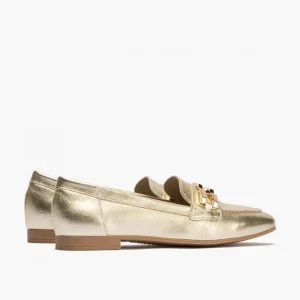 Calzaro Mocasines | Mocasines de Mujer 5641 en Piel Laminada con Adorno y Tacón Bajo Dorado
