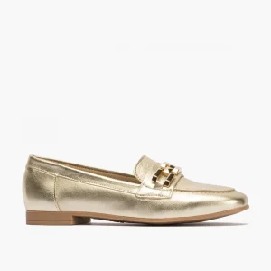 Calzaro Mocasines | Mocasines de Mujer 5641 en Piel Laminada con Adorno y Tacón Bajo Dorado