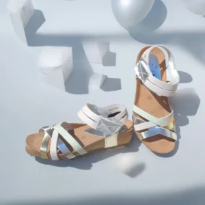 Calzaro Sandalias Bios | Sandalia Cuña 5338 Platino Gris Plata Manzana Tiras Cruzadas.