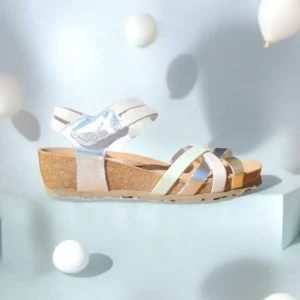 Calzaro Sandalias Bios | Sandalia Cuña 5338 Platino Gris Plata Manzana Tiras Cruzadas.