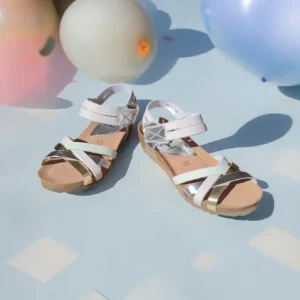 Calzaro Sandalias Bios | Sandalia Cuña 5338 Platino Gris Plata Manzana Tiras Cruzadas.