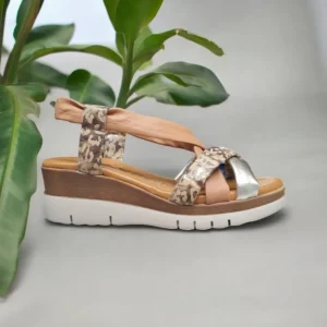 Calzaro Sandalias | Sandalia Cuña Baja Flexible 3744 Tubulares Cuero, Oro y Print, Combi 7