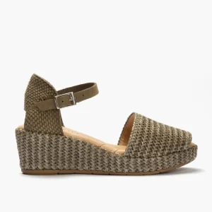 Calzaro Sandalias | Sandalia Cuña Forrada Rafia 1483 Kaki con Hebilla.
