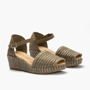 Calzaro Sandalias | Sandalia Cuña Forrada Rafia 1483 Kaki con Hebilla.
