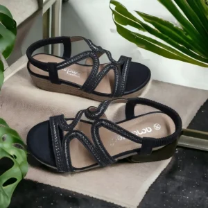 Calzaro Alpargatas | Alpargatas | Sandalia Cuña Yute  23526 Negro Tiras Trenza