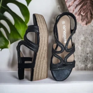 Calzaro Alpargatas | Alpargatas | Sandalia Cuña Yute  23526 Negro Tiras Trenza