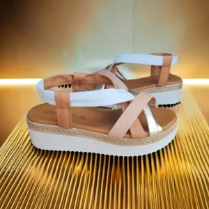 Calzaro Sandalias | Sandalia Cuñina 3744 Tubulares Cuero, Oro y Blanco.