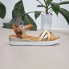 Calzaro Sandalias | Sandalia Cuñina Baja 4220 Tubulares Cuero, Oro, Taupe y Mostaza Combi 4