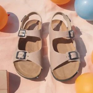 Calzaro Sandalias Bios | Sandalia Plana 7112 Beige 3 Hebillas.