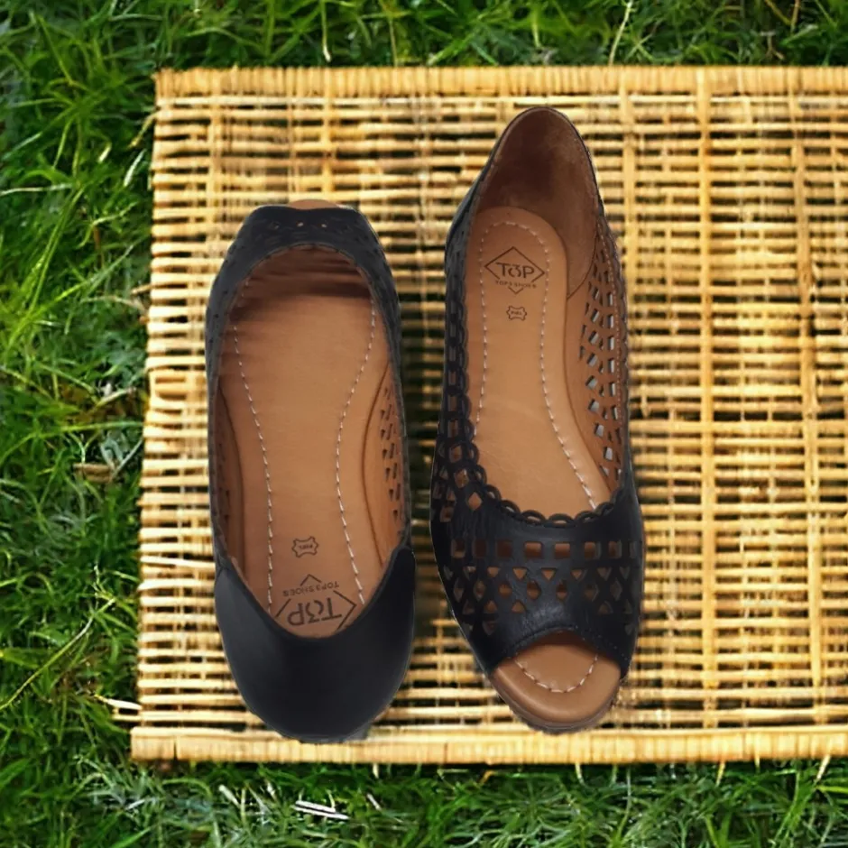 zapato_saln_piel__despunt_2.webp Calzaro Bailarinas | Sandalias | Zapato Salón Piel 24497 Despuntado Laser Negro.