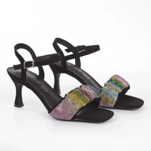 Calzaro Zapatos De Tac贸n | Zapatos De Tac贸n | Zapato Sandalia Fiesta 377 Negro Multicolor con Pala Strass