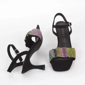 Calzaro Zapatos De Tac贸n | Zapatos De Tac贸n | Zapato Sandalia Fiesta 377 Negro Multicolor con Pala Strass