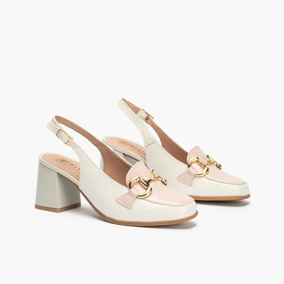 zapatos_de_saln_de_mujer__4-6.webp Calzaro Zapatos De Tac贸n | Zapatos de Salón de Mujer 5795 Destalonado en Piel Charol con Adorno Hebilla Metálica y Tacón Bloque Blanco.